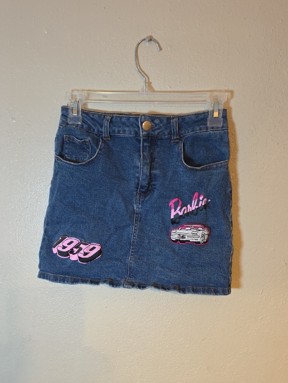 Mattel Denim Mini Skirt with Pink Barbie and Car Patches